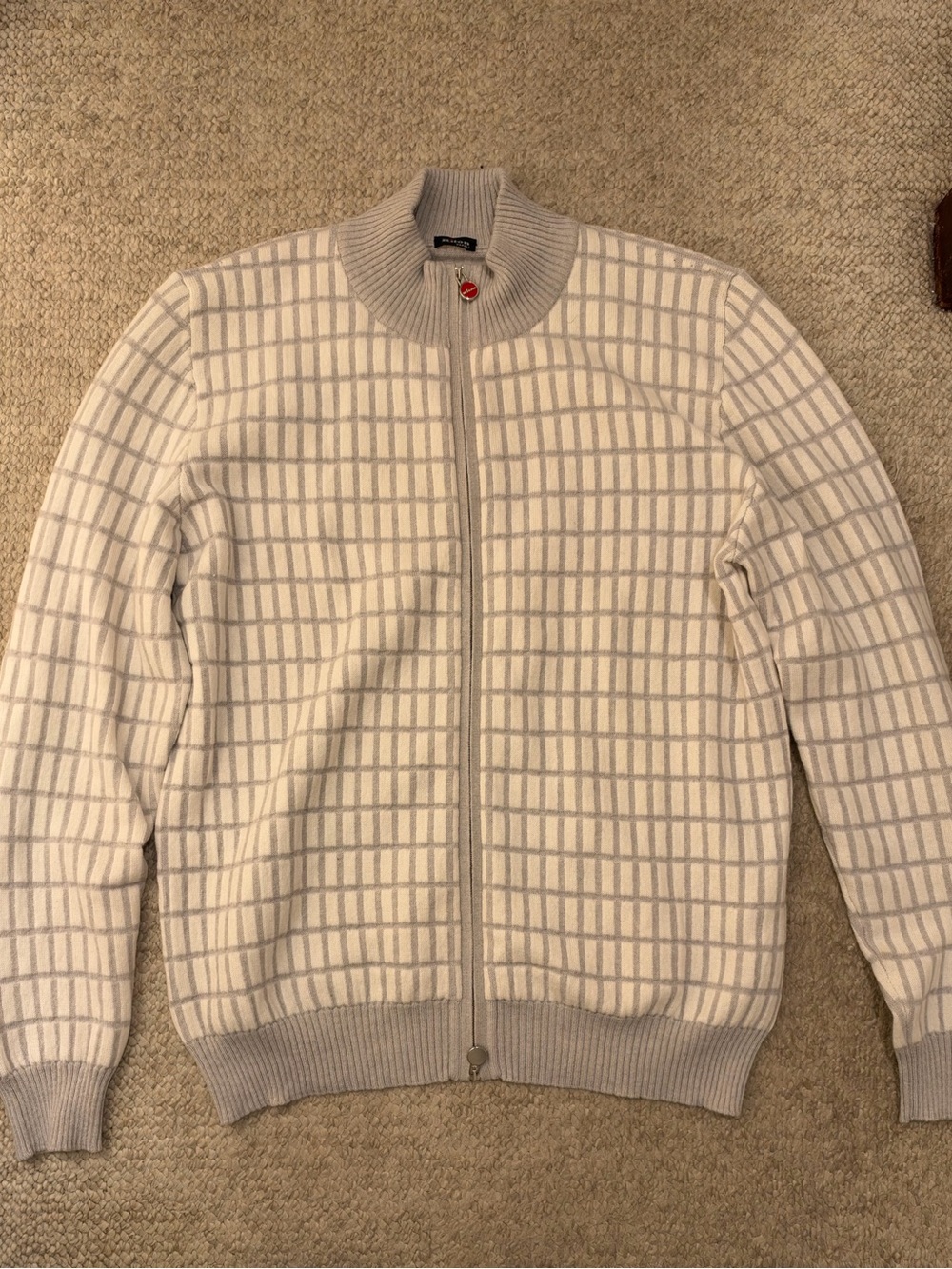 Kiton Cashmere White and Light Gray Grid Zip-Up Sweater